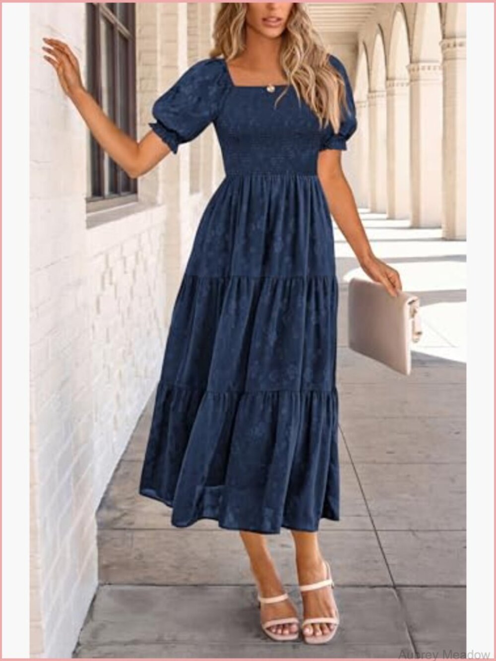 Square Neck Short Sleeve Smocked Midi Dress Floral Boho - Picture 5 of 7